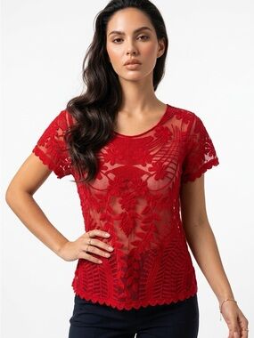Express Women’s Sz Medium Sheer Lace Short Sleeve Scalloped Crop Top
